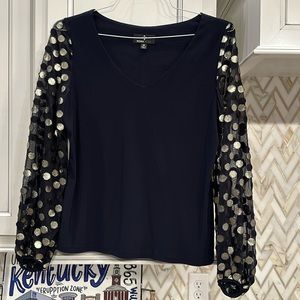Navy long sleeve with gold polkadots